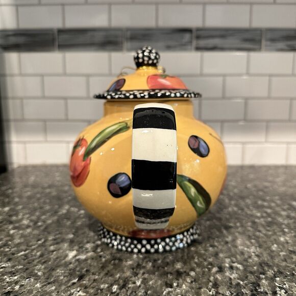 Vtg Droll Designs Ceramic Tea Pot Hand Painted Signed Veggie Tomato Pepper Olive - Picture 2 of 13